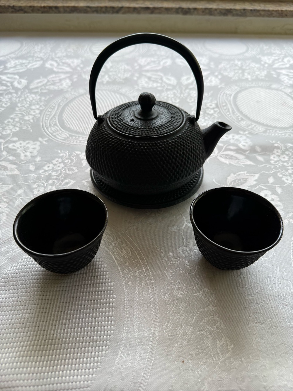 Vintage Japanese Tetsubin Kettle Black Cost Iron 5 Pieces Tea Pot 2 Cups Set